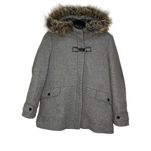 Zara Gray Hooded Pea Coat with Faux Fur Trim